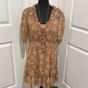 Dots Floral Ruffle Mini Dress in Brown and Cream
